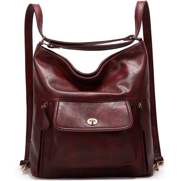 Water Resistant Vintage Convertible Backpack Purse in Burgundy - 35L Capacity - Picture 1 of 6